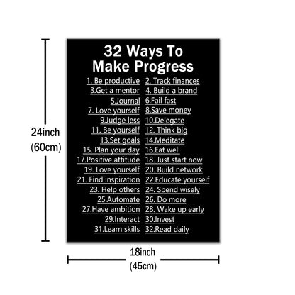 DINGFUN Inspirational Posters for Office 32 Ways to Make Progress Canvas Wall Art, Black White List Quote Single Panel Wall Decor for Home Office Dorm Classroom 24x18 Inch