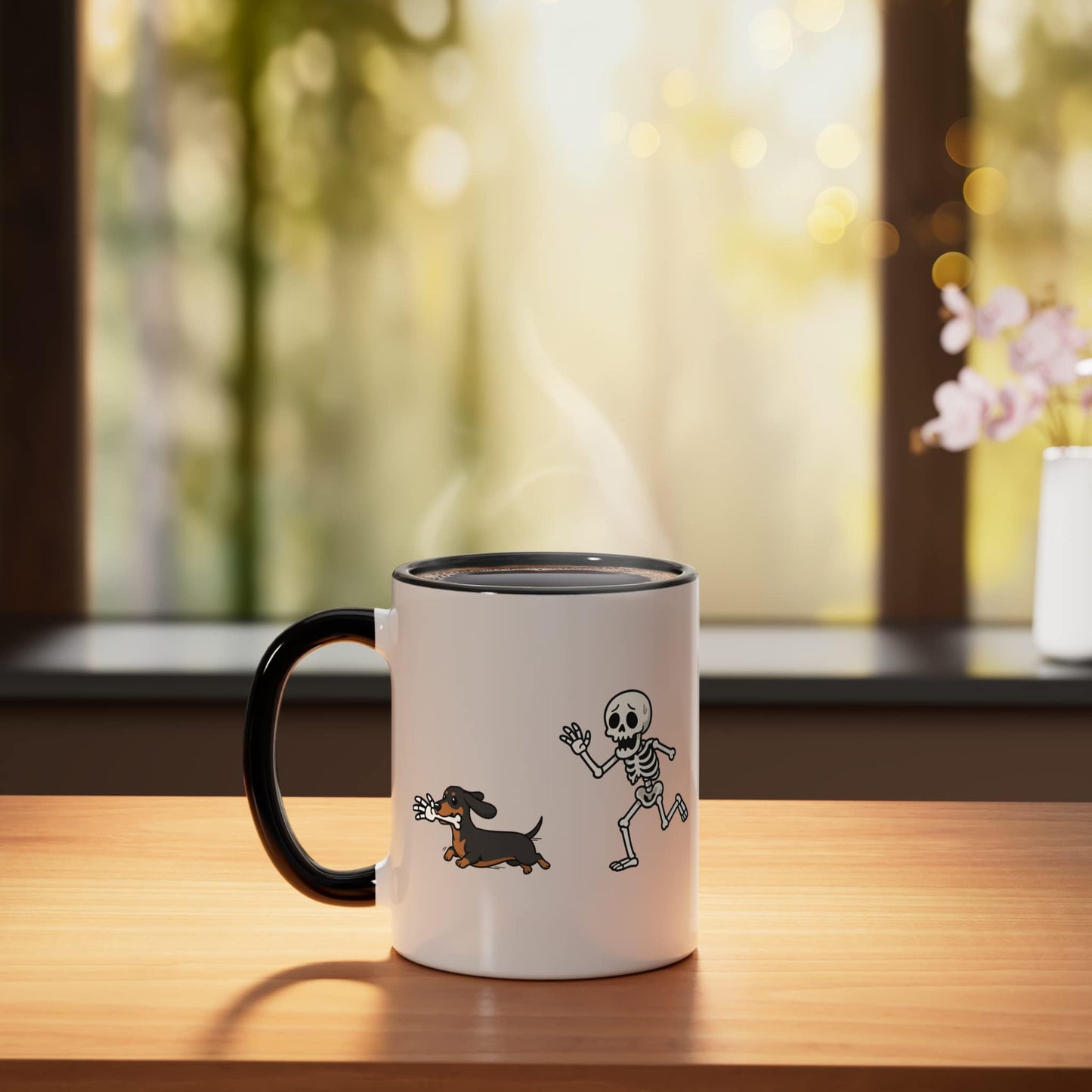 Dachshund Skeleton Hand Halloween Ceramic Mug, Black/White