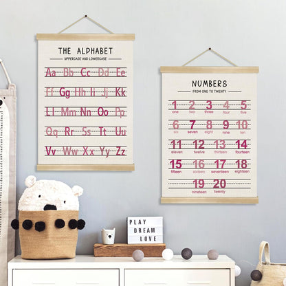 Alphabet and Numbers Wall Chart Set of 2 ,Nursery Educational Posters,Alphabet and 1-20 Number Learning Banners for Toddlers, Preschool Classroom, Homeschool, Playroom,Kids Room Decor 14 x 18.5 Inch(Pink)