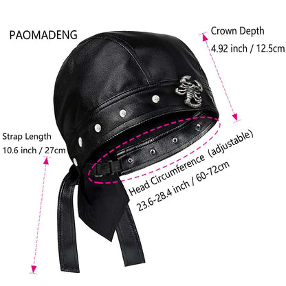 Punk Biker Leather Cap with Necklace for Women Skull Motorcycle Hat with Snug Fit, Stylish Biker Head Wrap & Riding Cap for Badass Look Adjustable Black