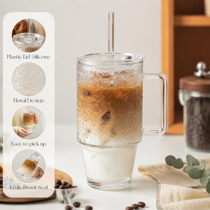 KEMORELA 24 Oz Ribbed Glass Tumblers with Lids and Straws, Tumbler Cup with Handle, Iced Coffee Glassware, Clear Reusable Drinkware for Smoothies and Beverages(1)