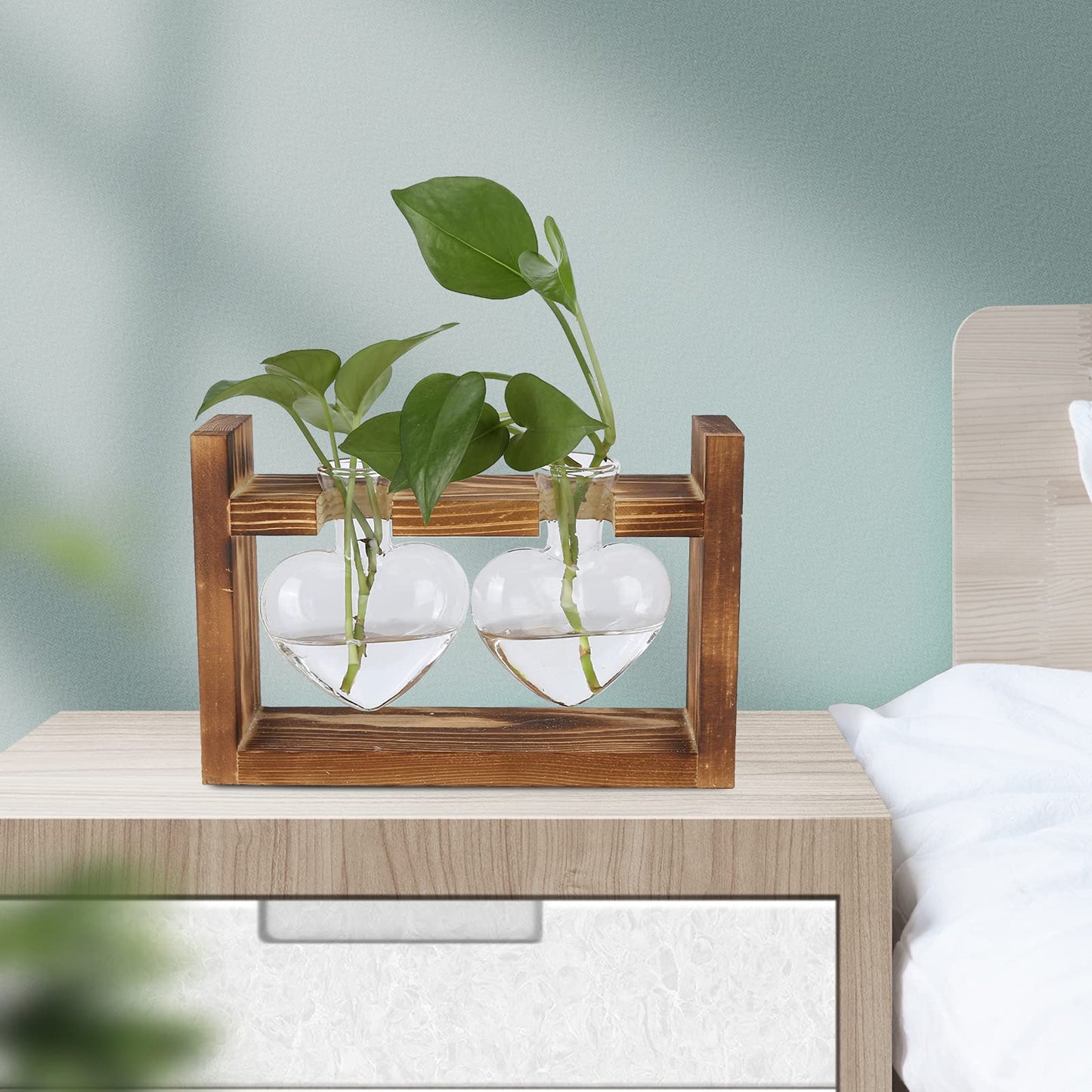 Heart Shaped Glass Hydroponic Vase with Retro Wooden Stand, Plant Propagation Stations with Wooden Stand, Desktop Plant Terrarium for Home Office Desk Decor (Retro Frame + 2 Heart Bottles)