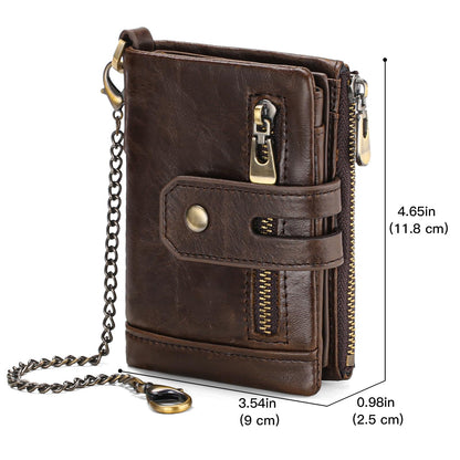 Men's RFID Blocking Bifold Chain Wallet Genuine Leather with Coin Pocket High Security Design (Coffee1)