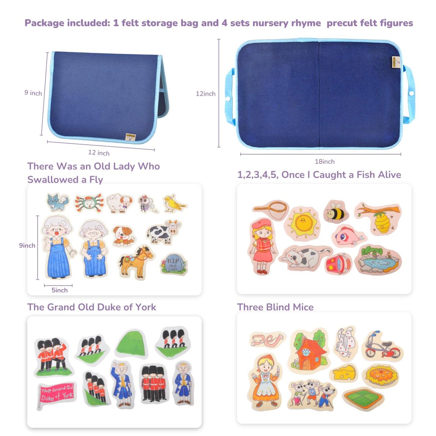 CHEFAN Felt/Flannel Board Story Set of 4, PRECUT Felt Pieces for Preschool Toddlers Circle Time,Old Lady Who Swallowed a Fly,The Grand Old Duke of York,Three Blind Mice
