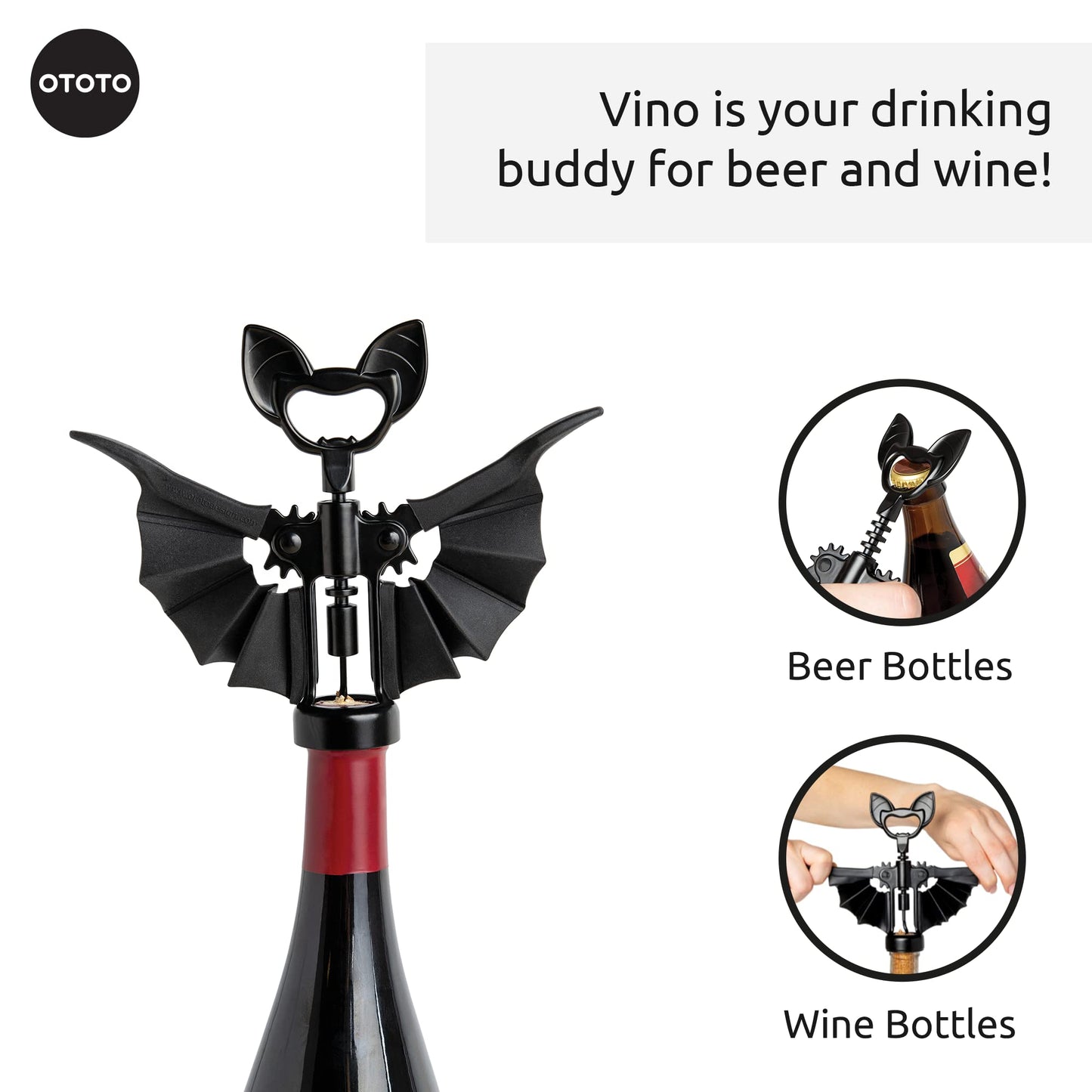 OTOTO Vino Spooky Bat 2-in-1 Wine & Beer Opener, Corkscrew & Bottle Opener - Goth Wine Accessories & Gifts for Wine Lovers