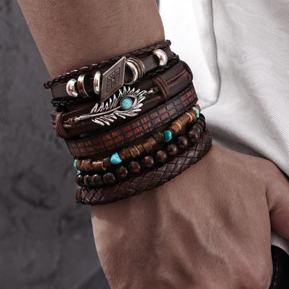 KISS WIFE Leather Bracelet for Men, 4 Packs Punk Bracelets Set, PU Braided Wrap Wristband Skull Skeleton Rock Emo Jewelry Accessories Adjustable Black Brown