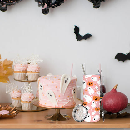 JarThenaAMCS Halloween Tumbler with Straw Lid Pink Boo Ghost Pumpkin Stainless Steel Cup for Birthday Baby Shower Trick or Treat Party Gifts, 20 Oz