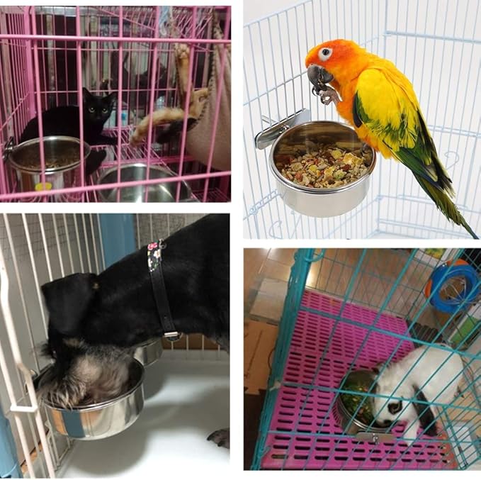 2 Packs, Pet Food Water Bowl with Clamp Holder Stainless Steel Coop Cup Hanging Feeder for Dog Bird Parrot Cat Rabbit, M&L