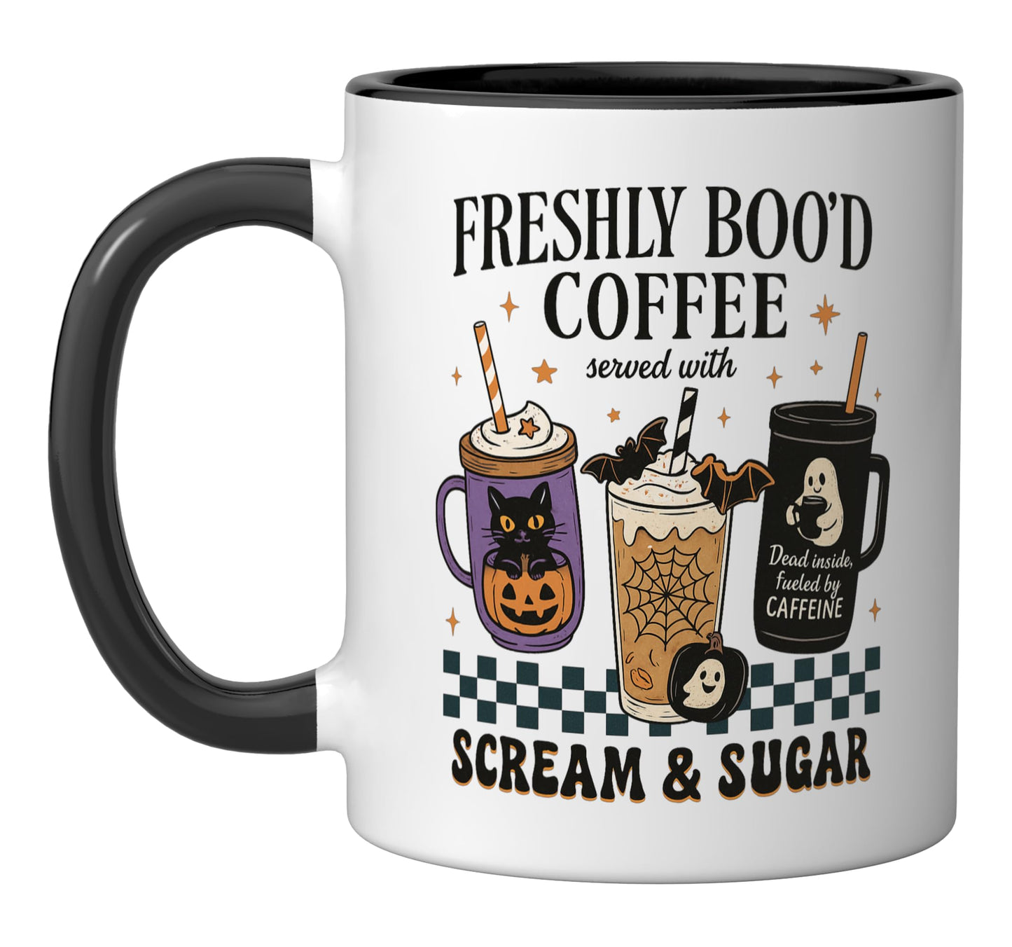 Drinking Coffee Late Lover Cozy Halloween Graphic Barista Ceramic Mug, Black/White