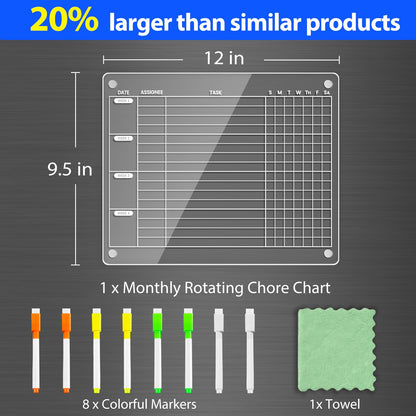 PigPotParty Acrylic Magnetic Monthly Chore Chart for Multiple Kids Roommates – 12"x9.5" Rotating Weekly Task Board for Kids Students Families, Clear Dry Erase Fridge Chart, w/ 8 Markers & 1 Towel