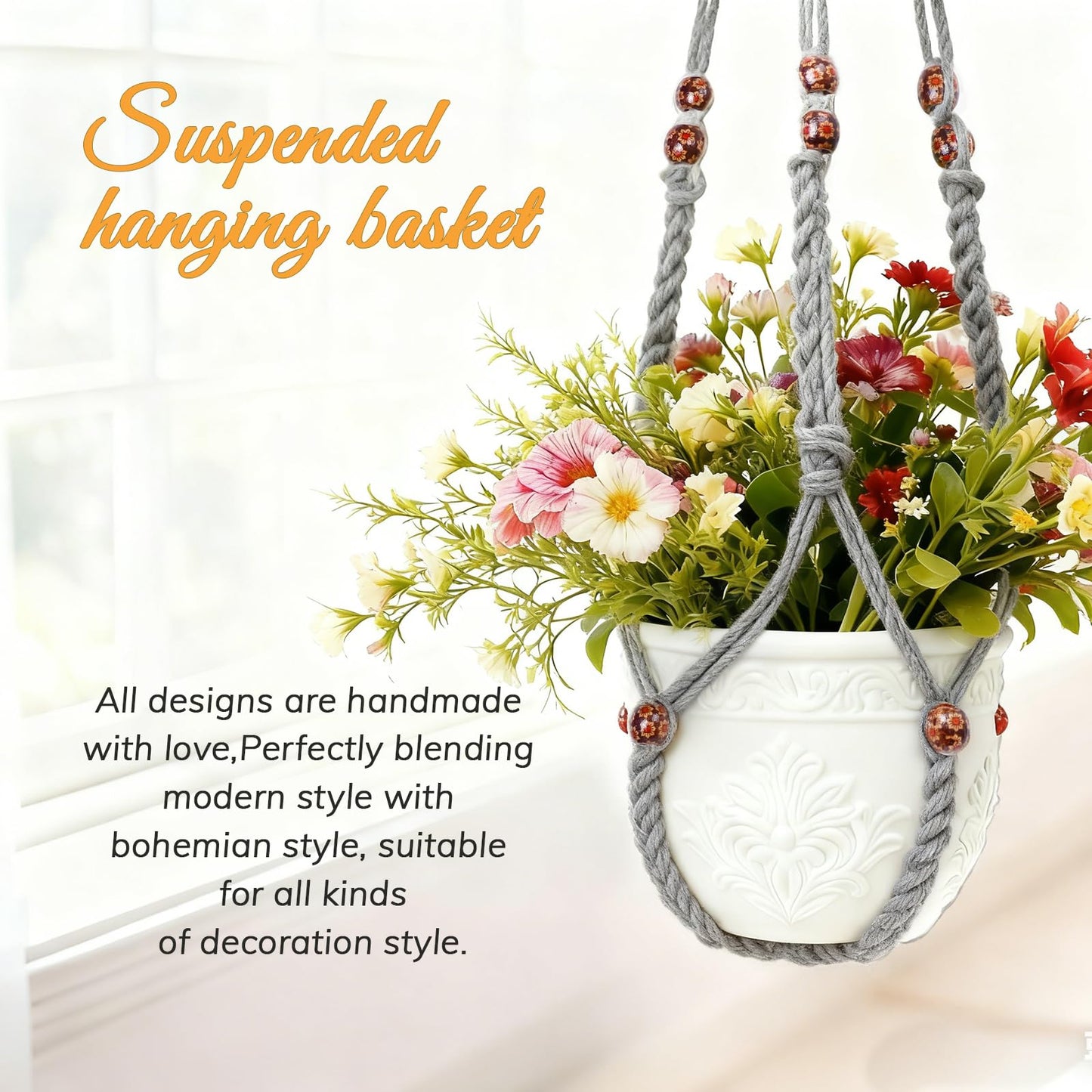 HOREAKHJ 35 Inch Macrame Plant Hanger, Large for up to 15 Inch Pot Extra Long Hanging Planter Holder Basket with Wood Beads for Indoor Outdoor Home Decor (Grey, 1-Pack)