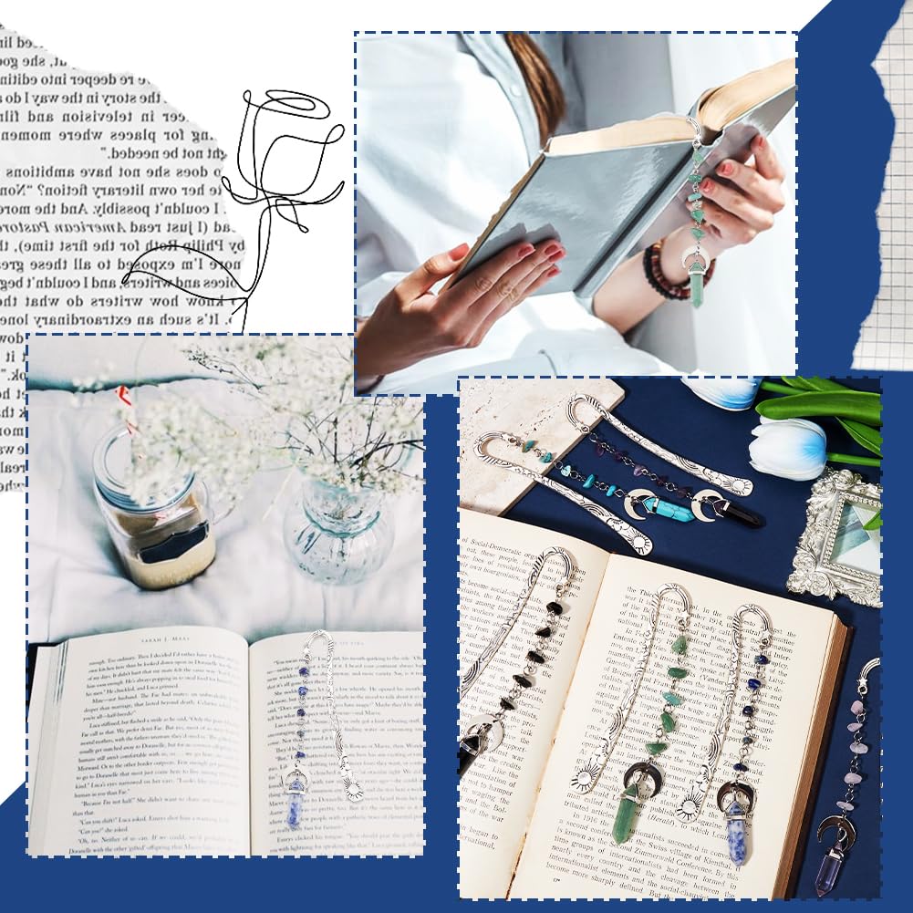 SUNNYCLUE 6Pcs Stone Bookmarks Charm Book Marks Antique Silver Metal Alloy Vintage Natural Synthetic Gemstones Crystal Dangle Pendant Hook Book Makers for Books Teacher Friend Reading Accessories