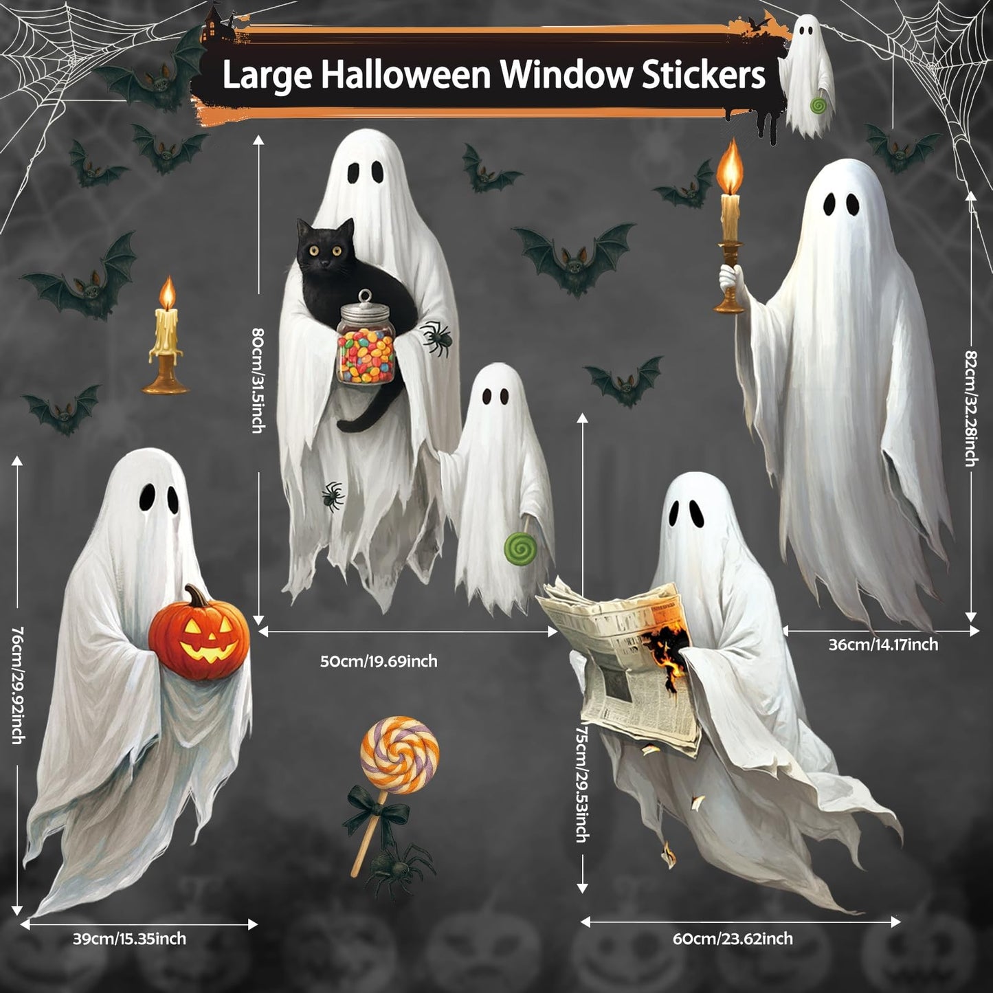 AhfuLife 4 Sheets Large Halloween Ghost Window Stickers Decorations, 16.9" x 35.4", Big Spooky Ghost Window Clings Double Side Reusable Decals for Halloween Home Bar Shop Street Party Decorations