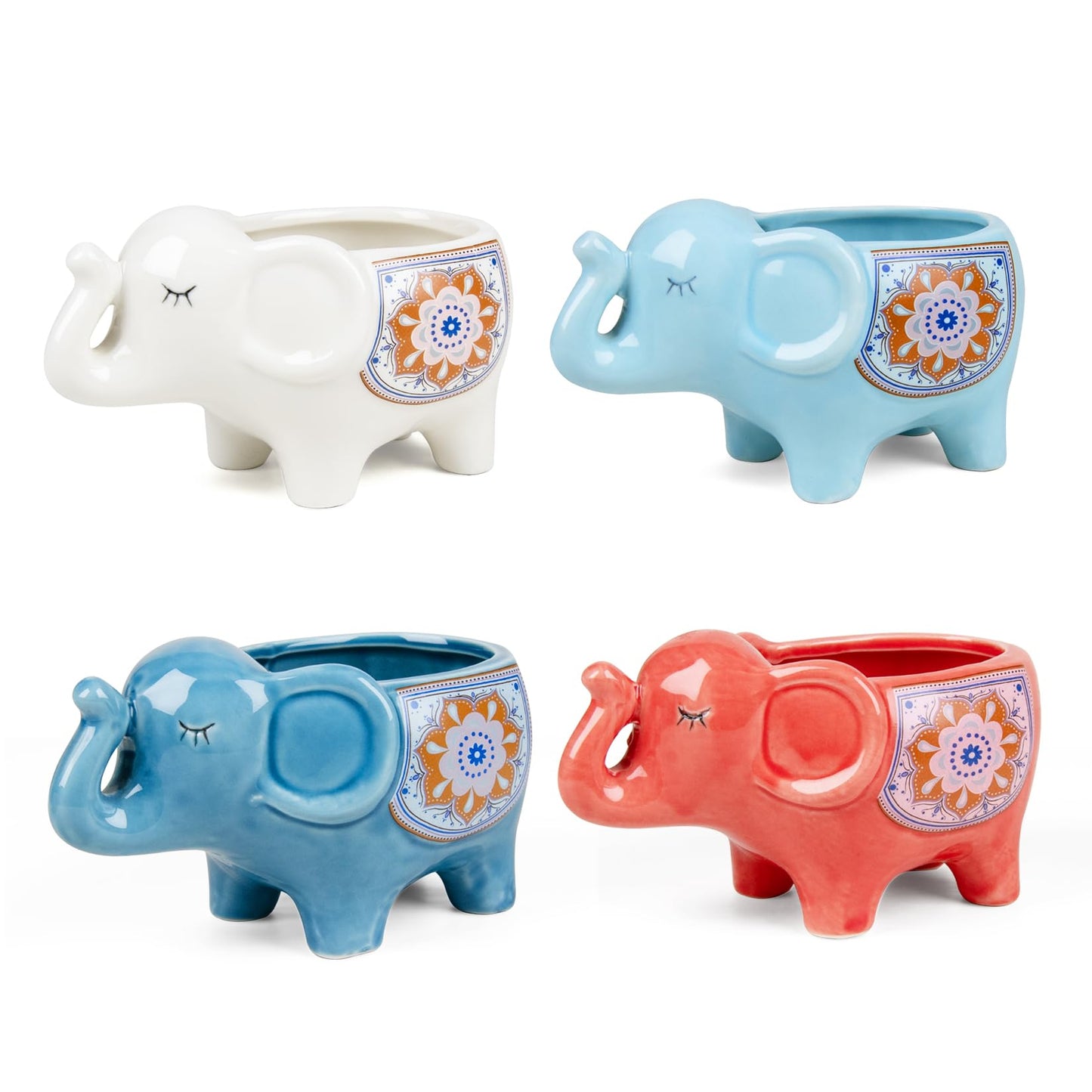 YINUOWEI Elephant Planter Cartoon Succulent Pots with Drainage 5.31 Inch Animal Planter Cute Plant Pots Succulent Planter Container Ceramic Flower Pots Perfect for Home Decor and Gifts, Set of 4