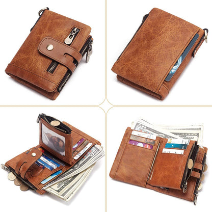 gzcz Mens Wallet with Chain RFID Blocking Genuine Leather Bifold Purse for Men ID Window and Zip Coin Pocket (Brown)