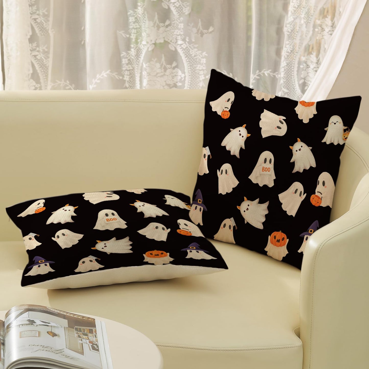 JEFERSO Halloween Pillow Covers 18x18 Set of 2 Cute Black and White Pumpkin Ghost Throw Pillows Fall Halloween Decorations Pillowcase Farmhouse Linen Outdoor Decorative Cushion Case for Couch Sofa