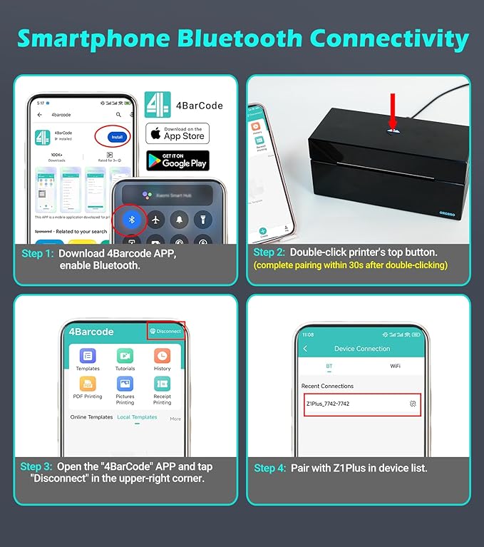 ORGBRO Bluetooth Thermal Shipping Label Printer, Z1-Plus Wireless 4X6 Shipping Label Printer for Small Business Office or Home Support iPhone Android Windows macOS Chrome Amazon Ebay Shopify USPS