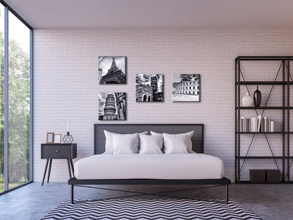 Wieco Art Architectures Modern 4 Panels Giclee Canvas Prints Europe Buildings Black and White Landscape Pictures Paintings on Canvas Wall Art Ready to Hang for Bedroom Home Office Decorations