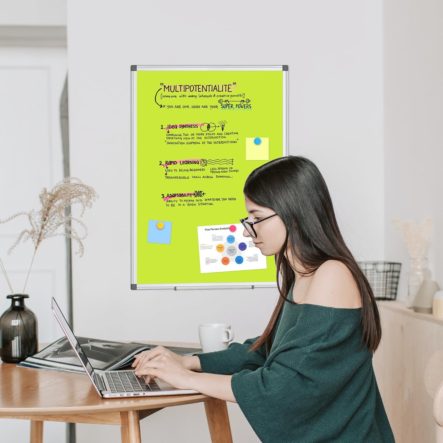 WALGLASS Magnetic Whiteboard 24"x18" Dry Erase White Board for Walls with Pen Tray, Aluminium Frame and Dry-Wipe Writing Surface for Drawing, Home, and Office (Green)