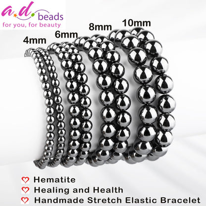 AD Beads 6mm Handmade Hematite Elastic Bracelet – Natural Gemstone for Healing and Health – Meditation, Yoga, Healing and Energy Gift for Men Women