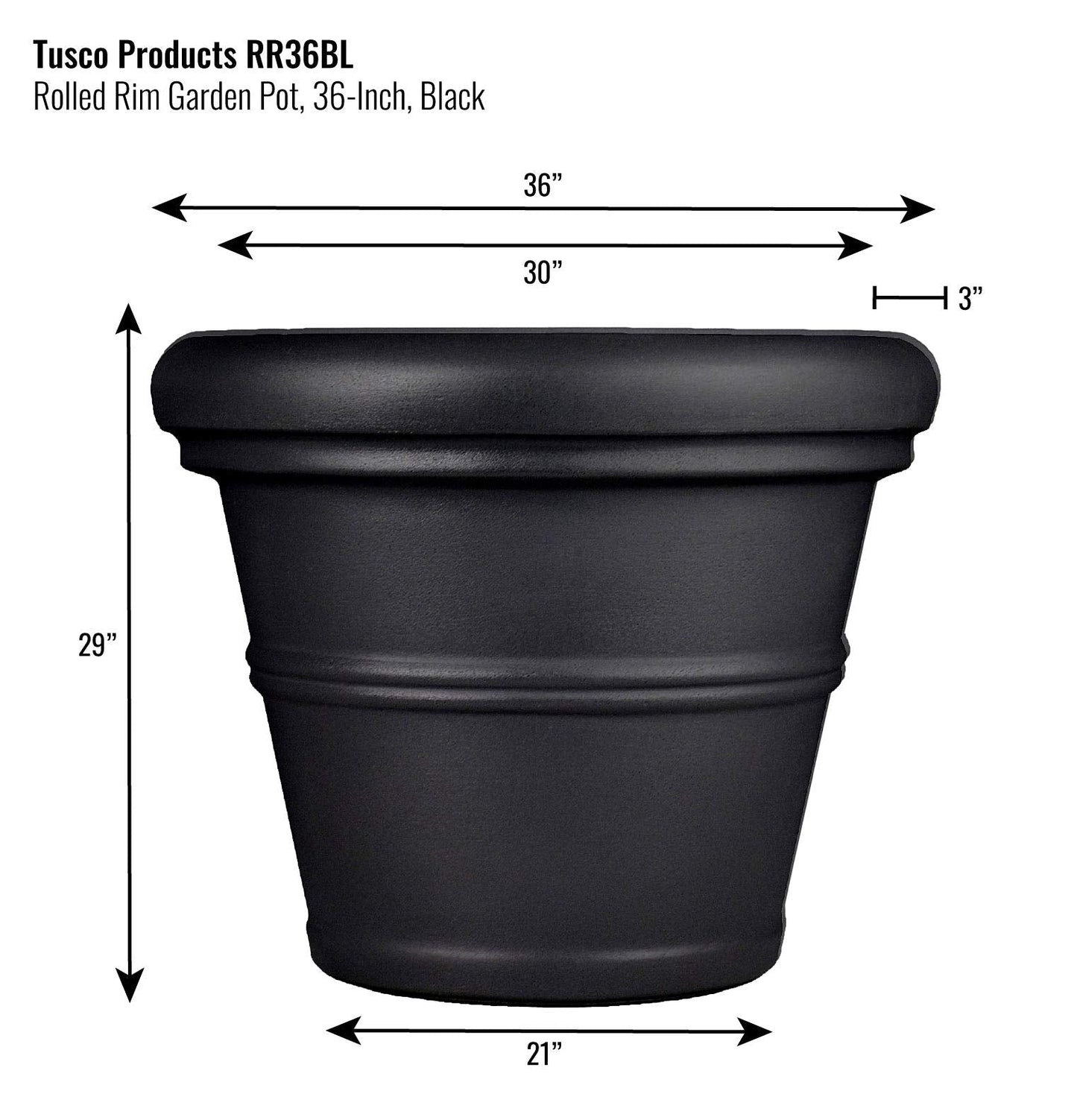 Tusco Products RR36BK Rolled Rim Garden Pot, 36-Inch, Black