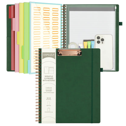 Ospelelf Leather Clipboard Folio with Notepad for Letter Size, Spiral Clipboard Folder with Storage Zipper Pouch, 5 Folders with 10 Pockets, 39 Divider Label Stickers, Pen Loop Series (Green)