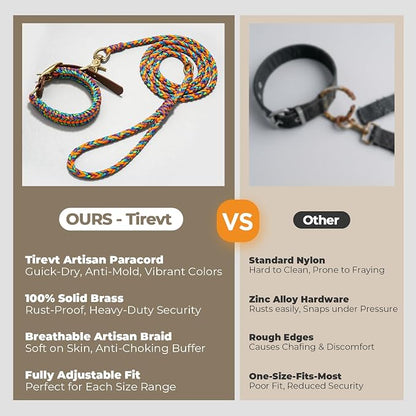 Tirevt Hand-Woven Dog Collar and Leash Set:Color-Block Design, Premium Reinforced Buckle, Adjustable Artisan Paracord for Puppies, Small, Medium & Large Dogs (Rainbow, M)