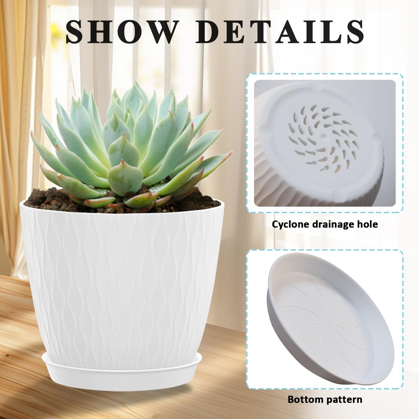 KAHEAUM 5 Pack 6 inch Planters for Outdoor Plants Indoor Plant Pots with Drainage Holes and Saucers, Modern Plastic Flower Pots for Plants Succulent Holiday Office House Home Decor Garden Pots White