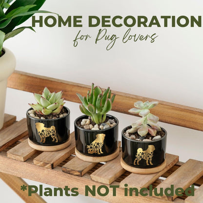 InnoBeta Pug Gifts Succulent Plant Pots 3pcs, Gifts for Pug Lovers, Planter Pot with Bamboo Tray, Plants NOT Included, Cute Ceramic Pots for Birthday, Christmas