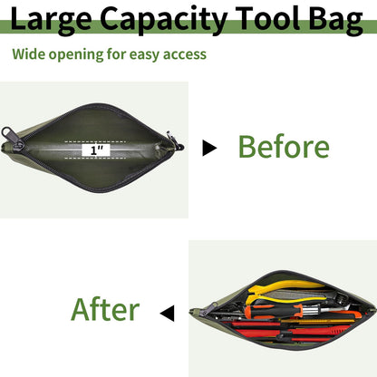3 Pack Premium Tool Pouches Zipper Bag, 12 in Small Tools Bags with Carabiner, Heavy Duty Flat Bottom Utility Multipurpose Storage Organizer Bag for Tool, Stationary, Pencil (Tan, Navy Green, Black)