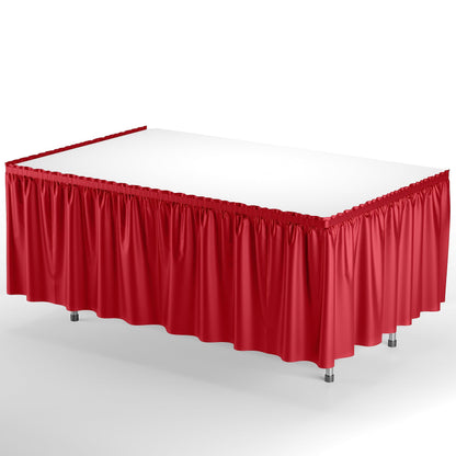 Exquisite Red Table Skirt 6 Pack - Disposable Plastic Table Skirts for Rectangle Tables 6ft 8ft & Round Tables - 29in x 14ft Self-Adhesive Strip - Birthday Wedding Gender Reveal Decor
