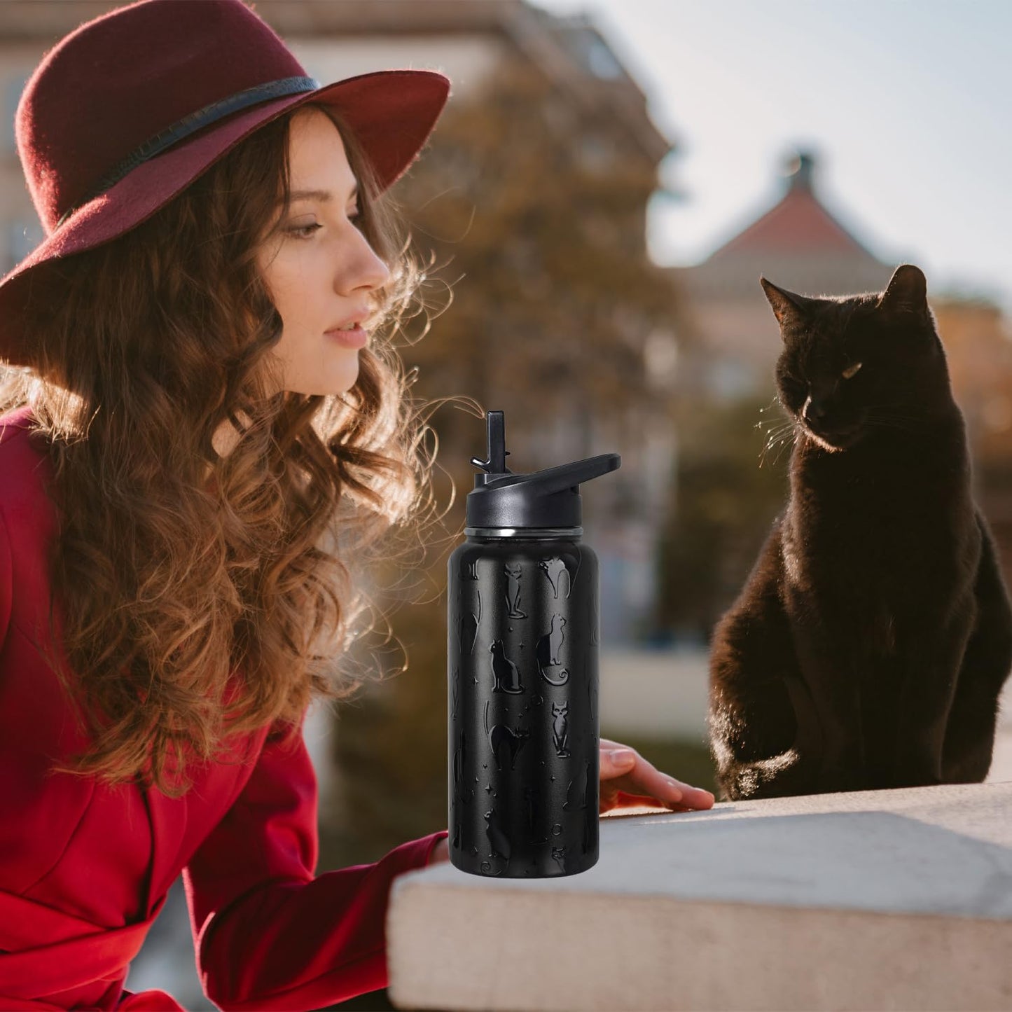 bmxbsk 32 oz Halloween Tumbler 3d-Printed Black Cat Tumblers Insulated Water Bottle with Straws and Flip Lid Stainless Steel Goth Cup Spooky Gifts for Men Women