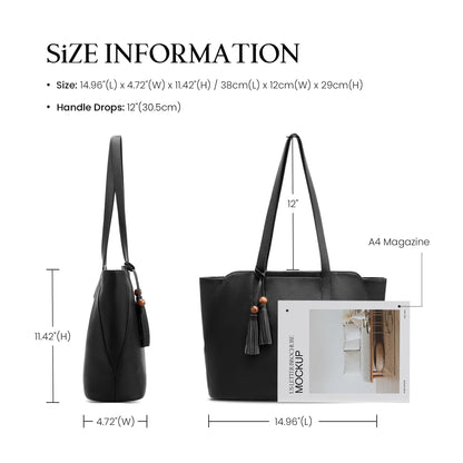 befen Genuine Leather Tote Bag for Women Work, Womens Tote Bag, Casual Leather Large Purses Black Leather Shoulder Bag with Compartments for Shopping Office Travel Daily Use
