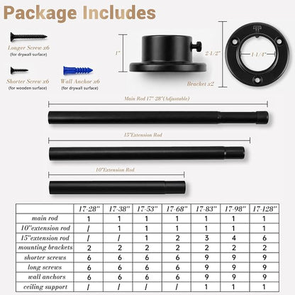 Closet Rod Adjustable 17 to 38 Inch, 1-1/4” Diameter, Closet Rods for Hanging Clothes, Stepless Metal Heavy Duty Hanging Rod for Closet Wardrobes Laundry RV (Black)