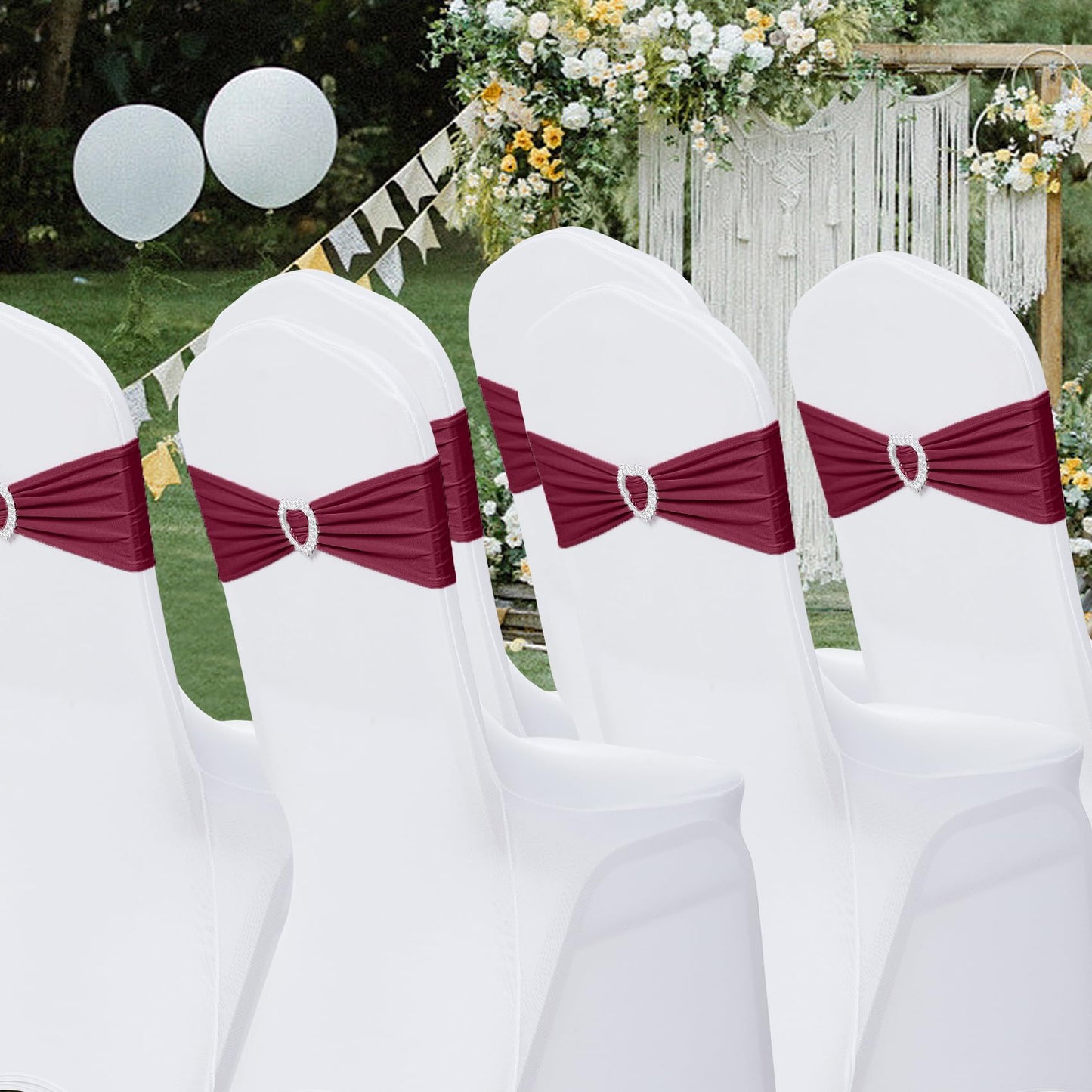 Howhic Pack of 60 Spandex Chair Sashes Bows Stretch Cover Band with Buckle Slider Universal Elastic Chair Ties for Wedding Banquet Party Event Decoration (Burgundy)