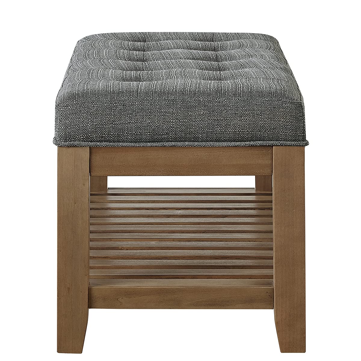 24KF Large Rectangular Upholstered Tufted Linen Fabric Ottoman Bench, Padded Bench with Solid Wood Shelf-Granite