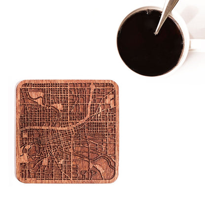 Des Moines, IA Map Coaster by O3 Design Studio, Set Of 4, Sapele Wooden Coaster With City Map, Handmade