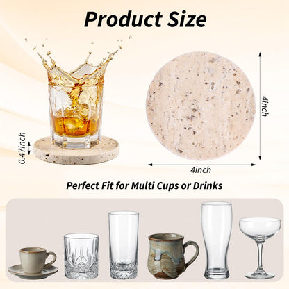Giloaou Travertine Coasters Set of 4, Marble Absorbent Coaster with Non-Slip Cork Backing, 4'' Round Stone Drink Coasters for Home & Office - Protect Tables from Stains & Scratches