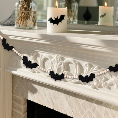 Vellibring 6.56Ft Halloween Garlands Decorations,Spooky Black Felt Bats Garland with Wooden Beads Halloween Adjustable Farmhouse Banner for Room Indoor Party Wall Fireplace Doorway Decor