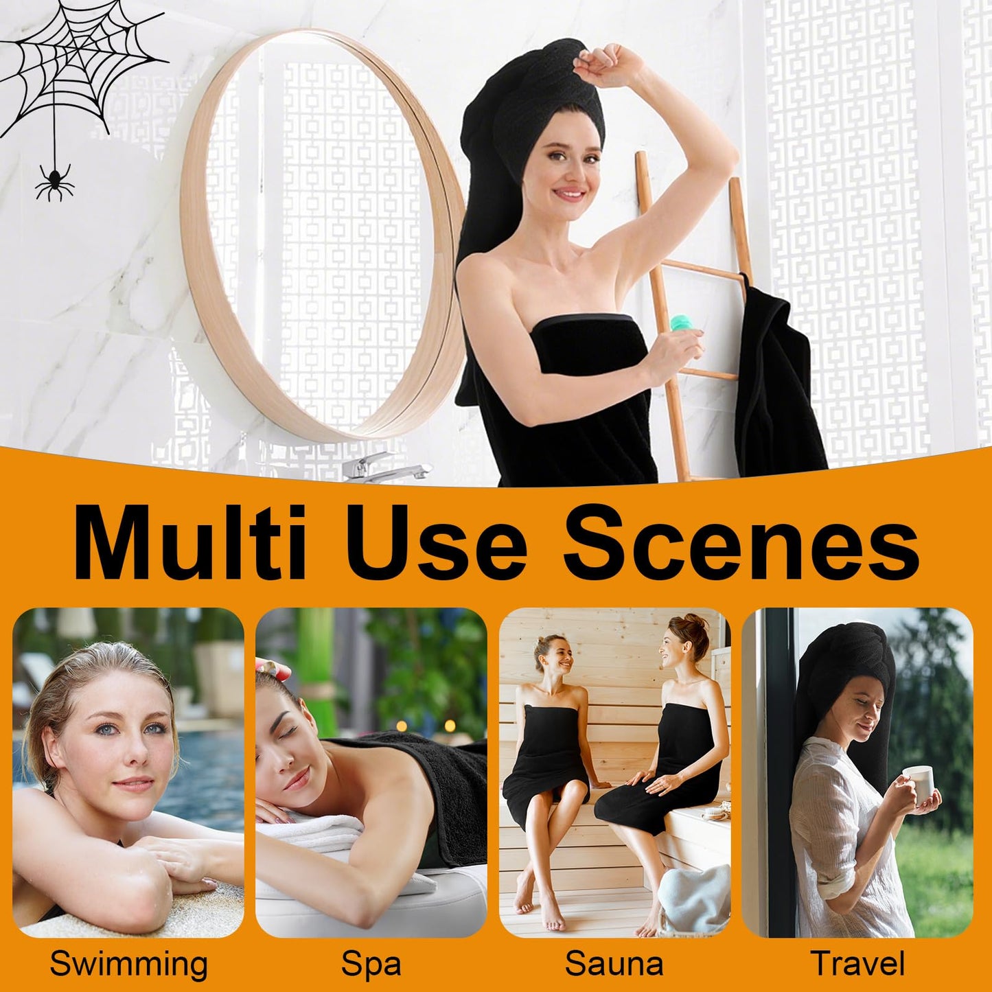Peryiter 3 Pcs Beach Hand Towels for Bathroom Cotton Embroidered 1 Bath Towel 1 Hand Towel and 1 Wash Cloth Absorbent Bath Sheets for Bathroom Decor (Black,Halloween)