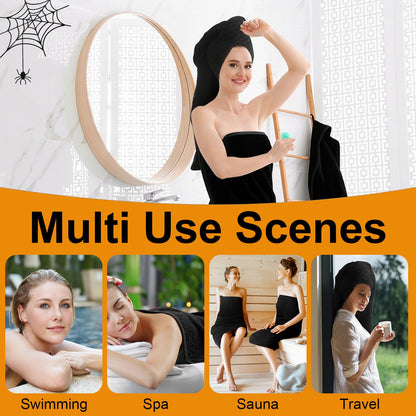 Peryiter 3 Pcs Beach Hand Towels for Bathroom Cotton Embroidered 1 Bath Towel 1 Hand Towel and 1 Wash Cloth Absorbent Bath Sheets for Bathroom Decor (Black,Halloween)
