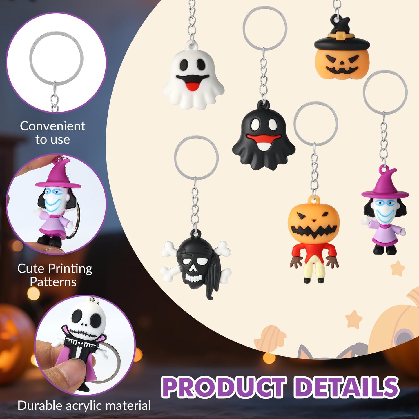 Becfupo 24 Pcs Halloween Cute Keychains Bulk, Ghost Pumpkin Bat Shaped Rubber Ornaments With Keyrings For Halloween Party Supplies, Classroom Giveaways