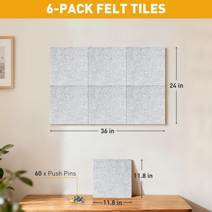 QUEENLINK Large Cork Board 36"x24", 6-Pack Self-Adhesive Felt Bulletin Board Tiles with 60 Push Pins, Square Felt Wall Panels Pin Board Tack Board Wall Organizer for Home Office Decor, Light Grey