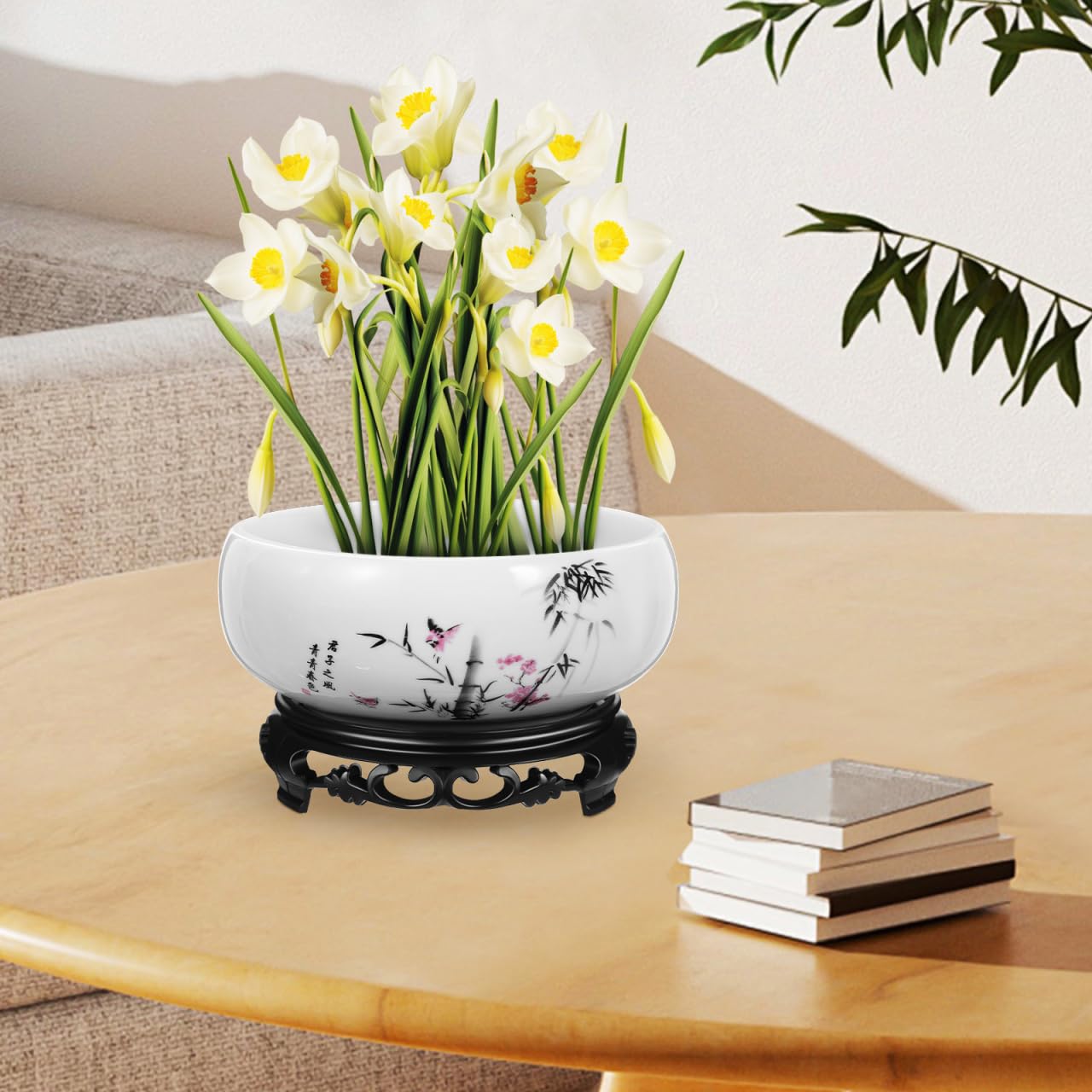 DOITOOL Lotus Bowl Planter, 6.9 Inch Water Lily Bowl Chinese Style Ceramic Lotus Planter, Bonsai Flower Water Lily Pot Hydroponic Pot with Plastic Base