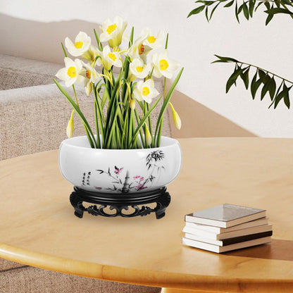 DOITOOL Lotus Bowl Planter, 6.9 Inch Water Lily Bowl Chinese Style Ceramic Lotus Planter, Bonsai Flower Water Lily Pot Hydroponic Pot with Plastic Base