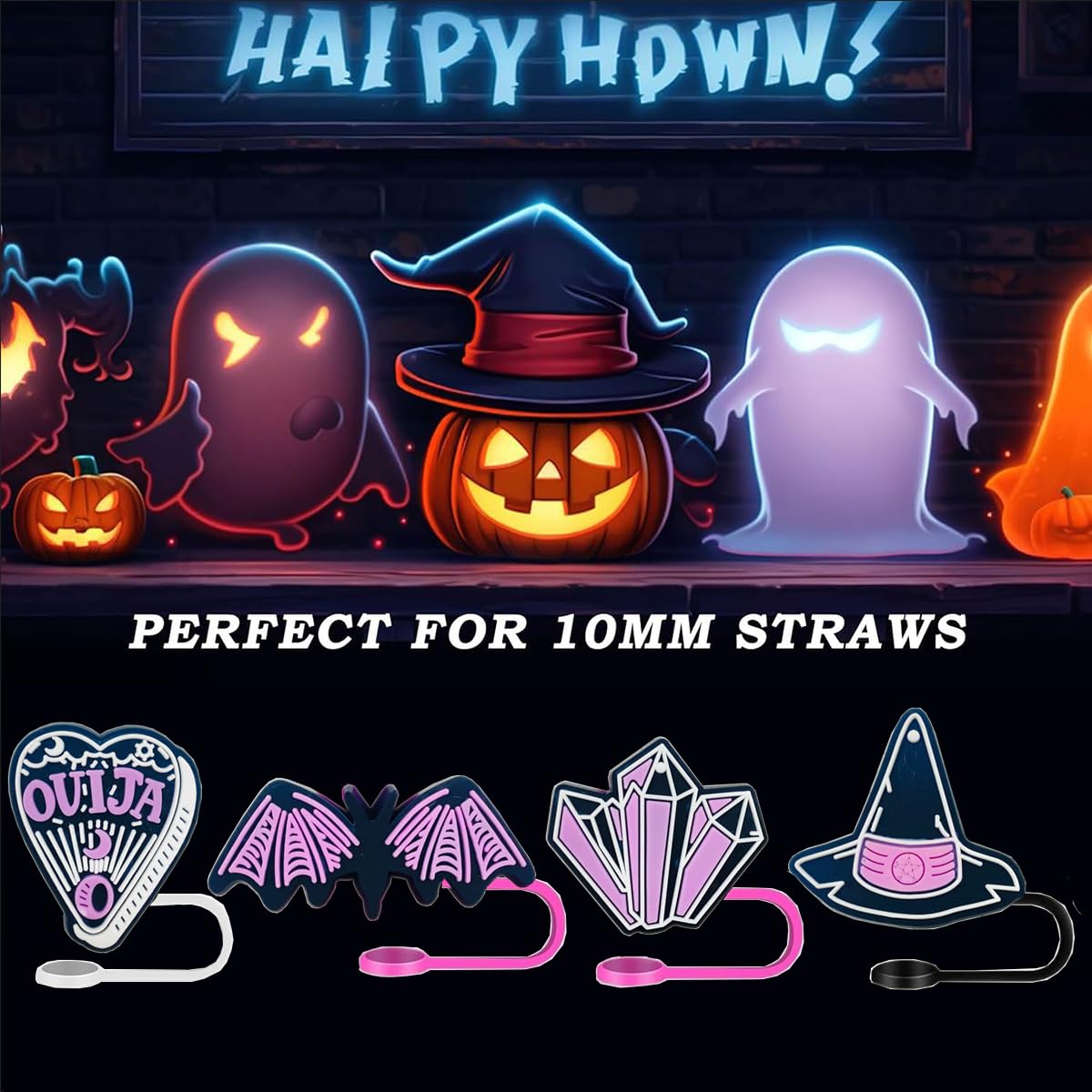 16PCS Halloween Straw Toppers for Stanley Cups, Cute Silicone Straw Cover Cap for Stanley 30&40 Oz Tumbler, Reusable Soft Straw Protectors Drinking Straw Caps for 10 mm Straws