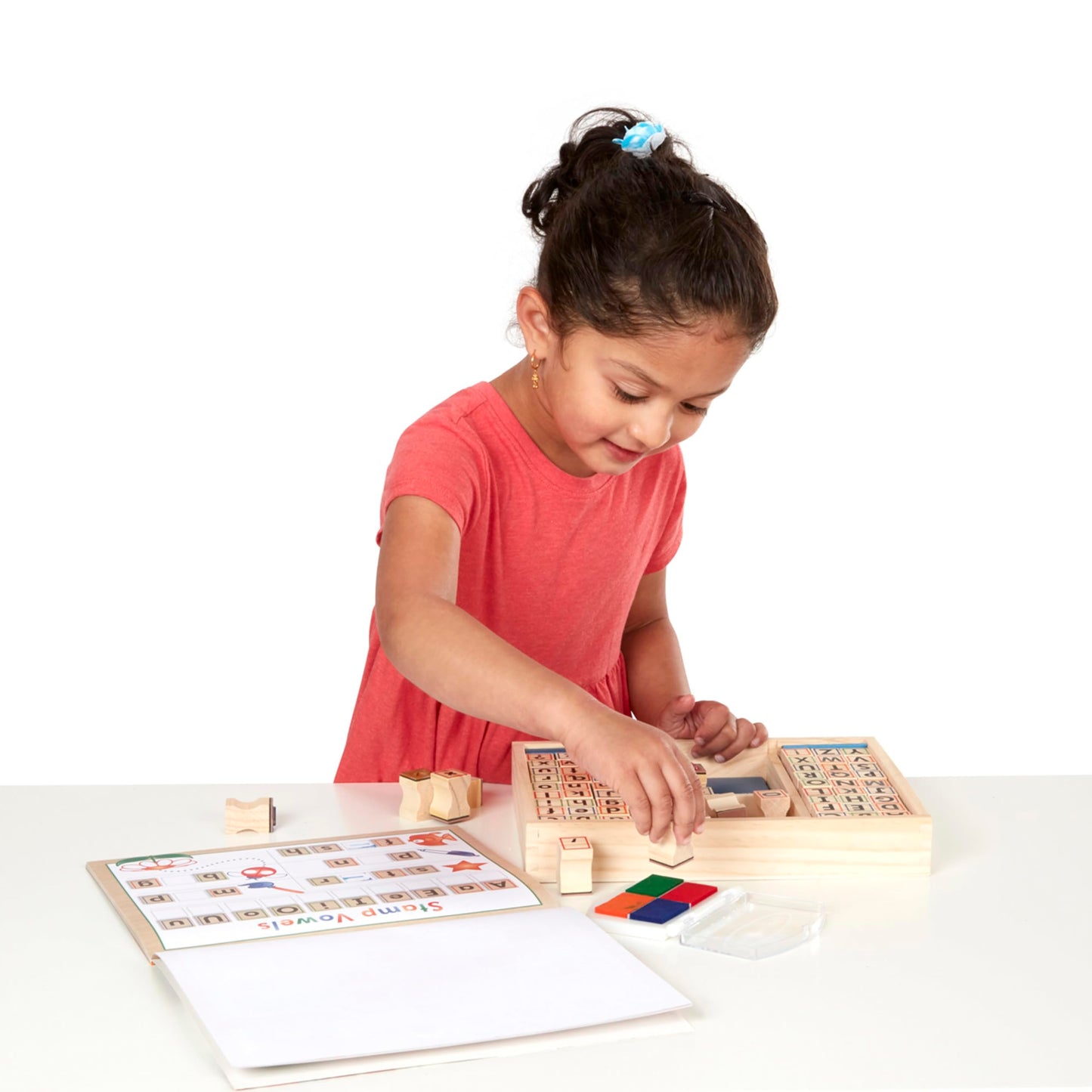 Melissa & Doug Deluxe Letters and Numbers Wooden Stamp Set ABCs 123s With Activity Book, 4-Color Stamp Pad - FSC Certified