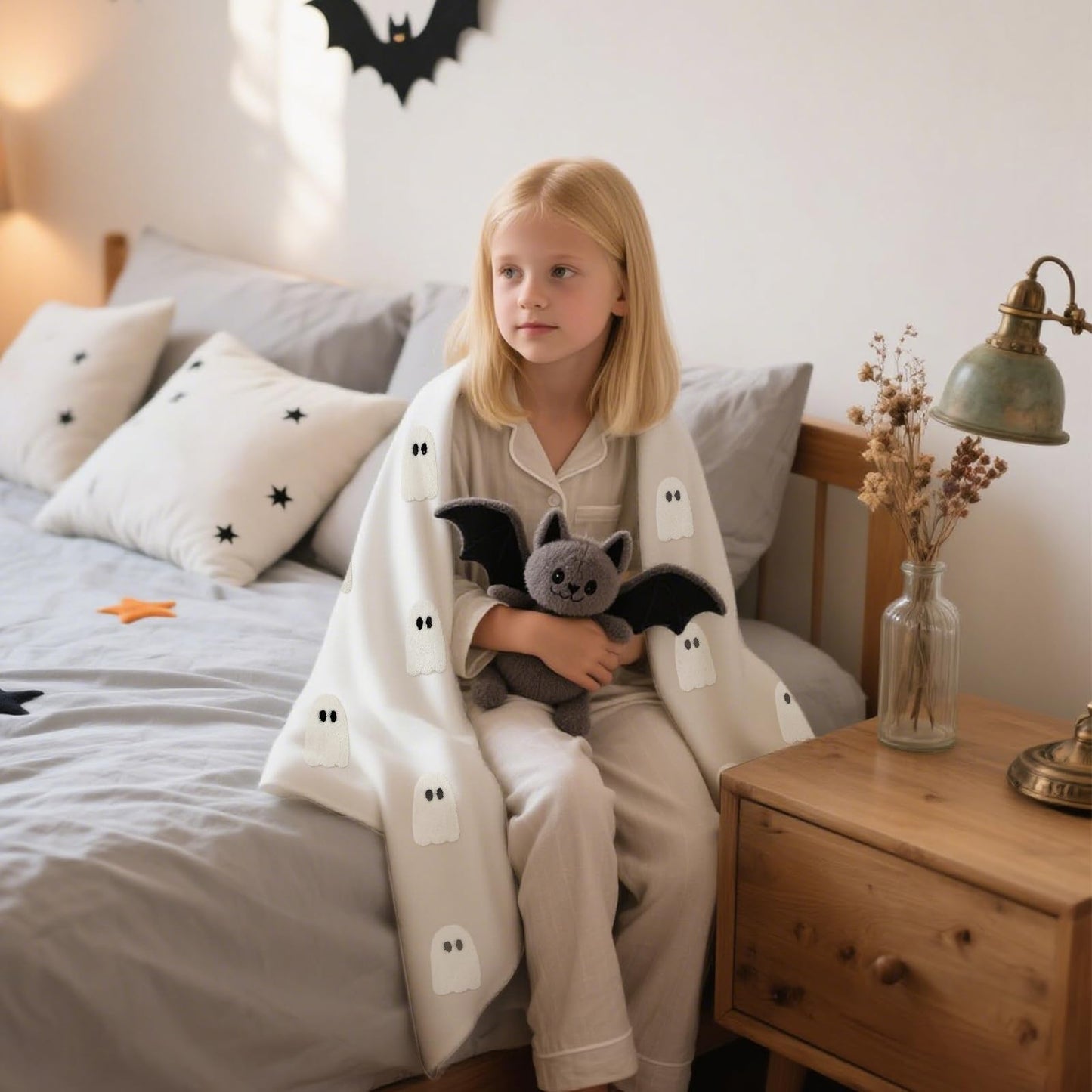 JarThenaAMCS Halloween White Ghost Throw Blanket Chenille Soft Blankets for Home Bedroom Living Room Sofa Couch Outdoor Travel, 50 x 60 Inch