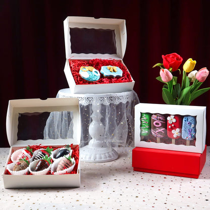 RomanticBaking 8x5x2 Inch 21PCS Cookies Boxes Chocolate Covered Strawberries Boxes Bakery Boxes with Window for Cakesickle Chocolate Truffle Pretzel & Party favors Packing