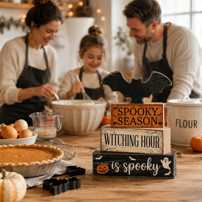 4 Pcs Halloween Table Decorations, Wooden Bat Tiered Tray Decor, Farmhouse Rustic Block Signs, Spooky Season Tabletop Centerpiece for Home Kitchen Shelf Office Mantel